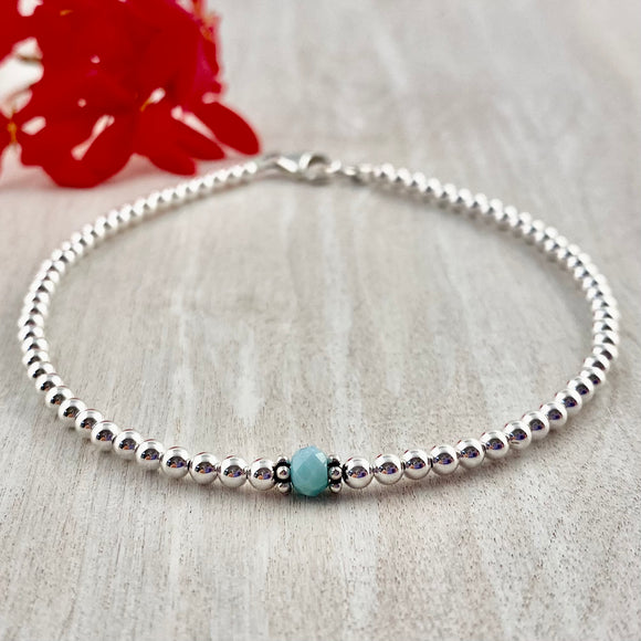 Sterling Silver 3mm Shiny Balls with Genuine Larimar Stone Anklet