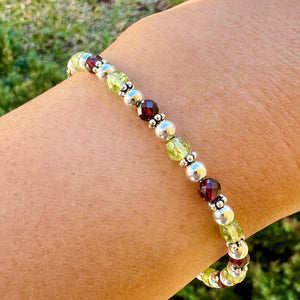 Peridot & Garnet Stones with 4mm Sterling Silver Bracelet