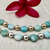 Coin Larimar Stone with 7mm Sterling Silver or 14k Gold-filled Bead Bracelet