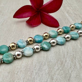 Coin Larimar Stone with 7mm Sterling Silver or 14k Gold-filled Bead Bracelet