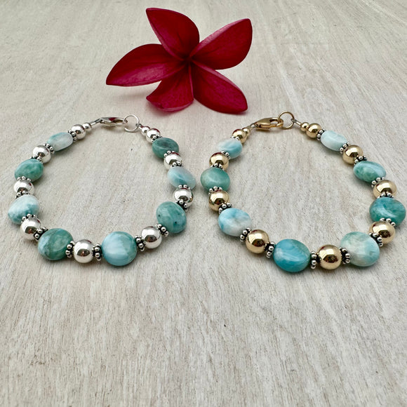 Coin Larimar Stone with 7mm Sterling Silver or 14k Gold-filled Bead Bracelet