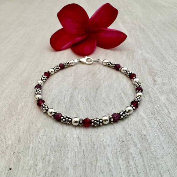 Bali Stacked Sterling Silver & Ruby Bracelet (Or Stone of Your Choice)