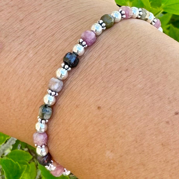 Watermelon Tourmalines with 4mm Sterling Silver Bracelet