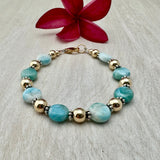 Coin Larimar Stone with 7mm Sterling Silver or 14k Gold-filled Bead Bracelet