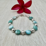 Coin Larimar Stone with 7mm Sterling Silver or 14k Gold-filled Bead Bracelet