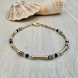 Sterling Silver or Gold Tube & Bali Stacked Small Daisy Spacer Bracelet, Crystal Color of your Choice