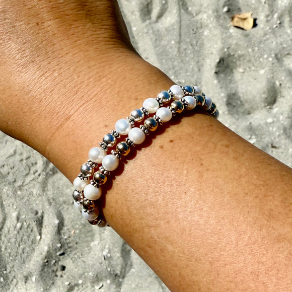 Genuine 6mm Pearl w/5mm Sterling Silver or 14k Gold-filled Bead Bracelet