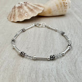 Sterling Silver or Gold Tube & Bali Stacked Small Daisy Spacer Bracelet, Crystal Color of your Choice