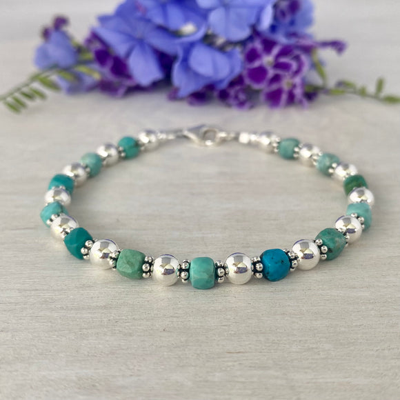 Natural Turquoise Cubes & 5mm Sterling Silver Bracelet