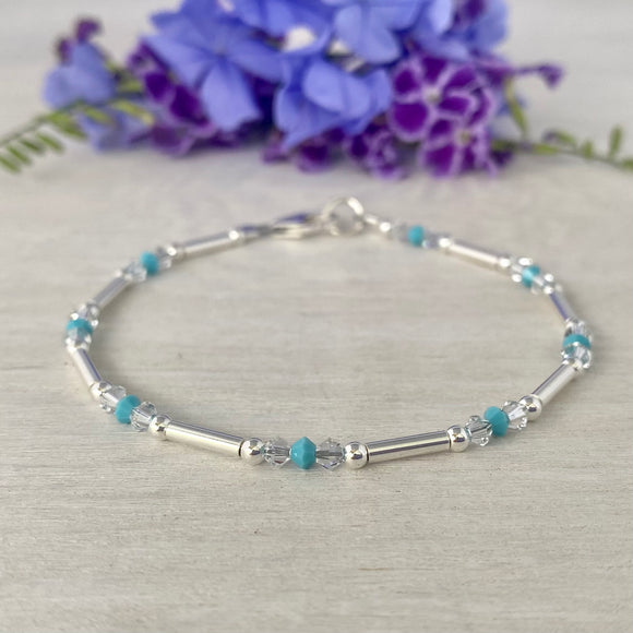 Sterling Silver Tubes Bracelet and Turquoise & Clear Swarovski Crystals