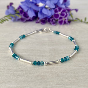 Sterling Silver Tubes Bracelet and Teal Swarovski Crystals