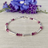 Sterling Silver Tubes Bracelet and Pink Swarovski Crystals