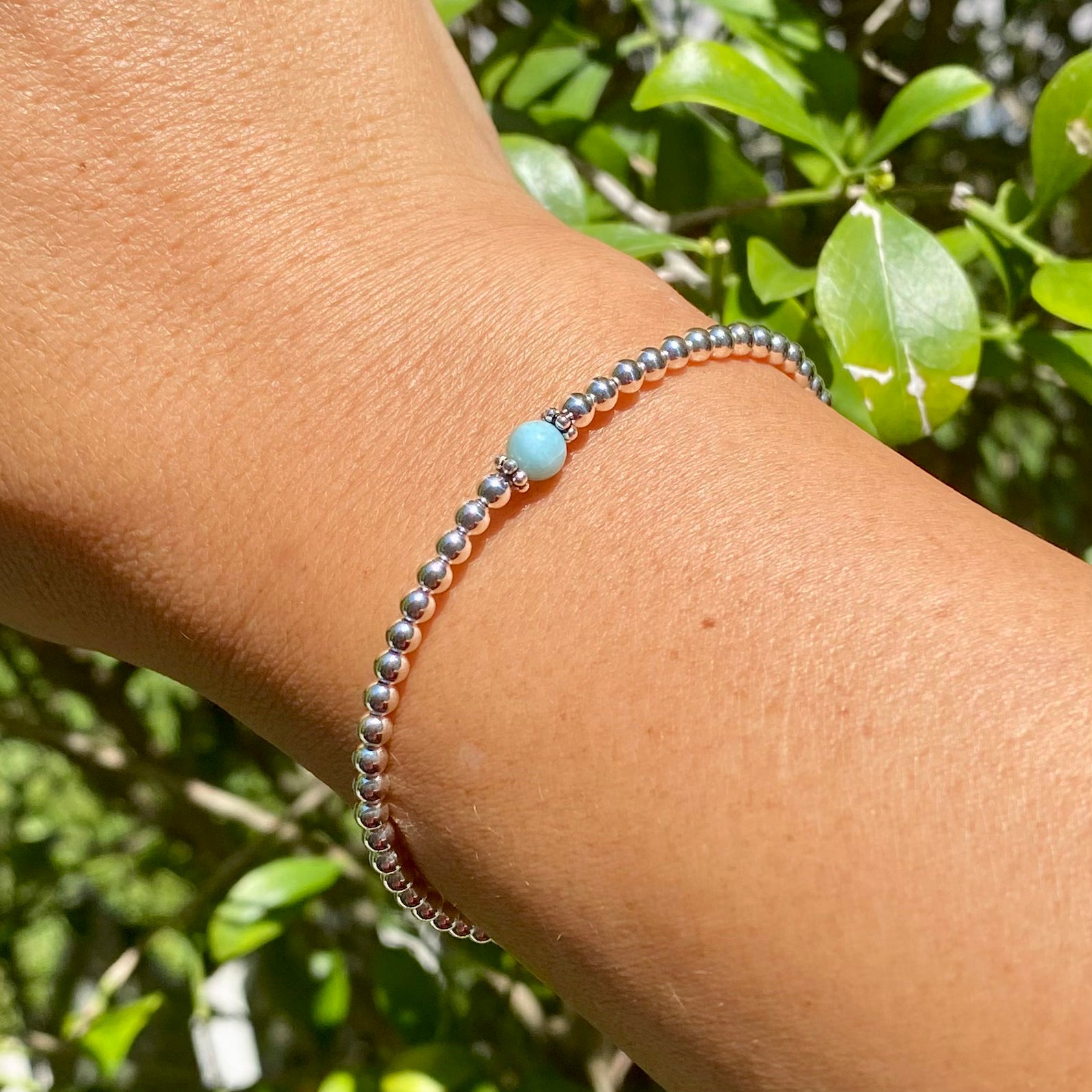 3mm Shiny Ball Sterling Silver with Genuine Larimar Stone Bracelet Key West Jewelry Stand