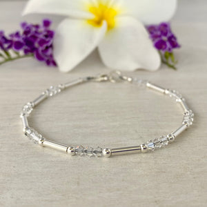 Sterling Silver Tubes Bracelet and Clear Swarovski Crystals