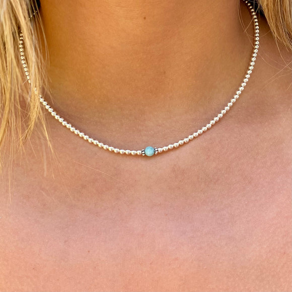 3mm Sterling Silver Ball With Genuine Larimar Stone Necklace