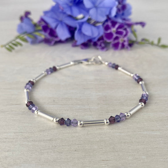 Sterling Silver Tubes Bracelet and Purple Swarovski Crystals