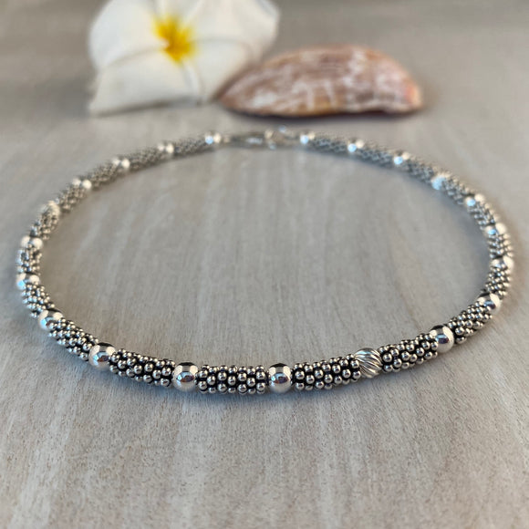 Bali Anklet Sterling Silver Small Daisy Spacers Stacked with Sterling Silver Beads