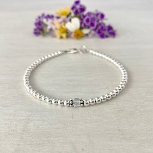 3mm Sterling Silver Shiny Balls & April Natural Quartz Bracelet