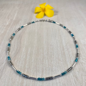 Handmade Turkish Decorative Sterling Silver Tube Necklace With Ocean Teal Swarovski Crystals