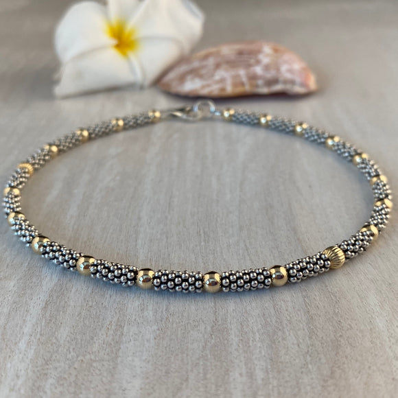 Bali Anklet Sterling Silver Small Daisy Spacers Stacked with 14k Gold-Filled Beads