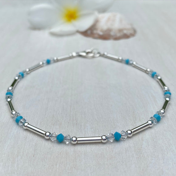 Sterling Silver Tubes With Turquoise & Clear Swarovski Crystals Anklet