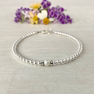 3mm Sterling Silver Shiny Balls & June Pearl Bracelet