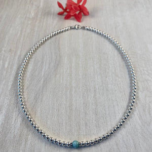 4mm Sterling Silver Ball With Genuine Larimar Stone Necklace