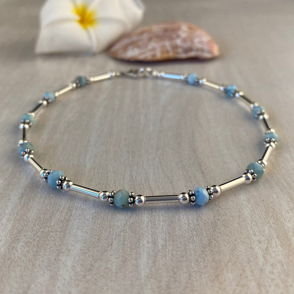 Sterling Silver Tubes With Genuine Blue Larimar Stone Anklet