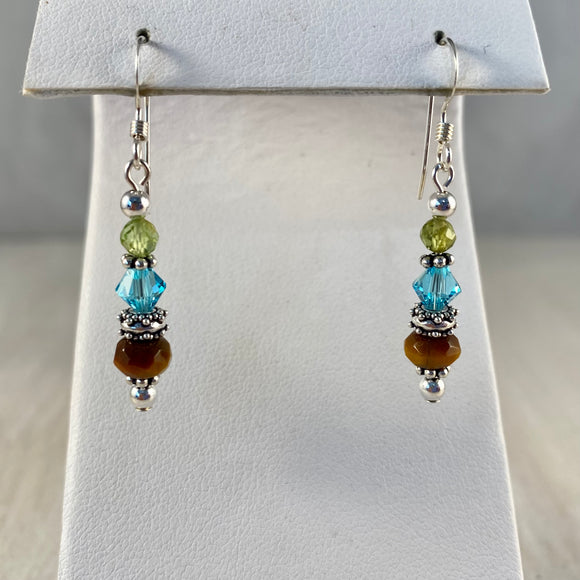 Sterling Silver, Peridot, Swarovski Crystal, & Tiger’s Eye Stone Earrings