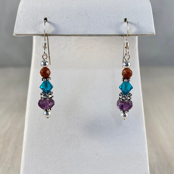 Sterling Silver, Goldstone, Swarovski Crystal, & Amethyst Stone Earrings