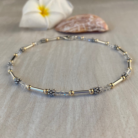 Sterling Silver Tubes, 3mm Gold-filled Beads & Stacked Silver Flowers With Clear Swarovski Crystals