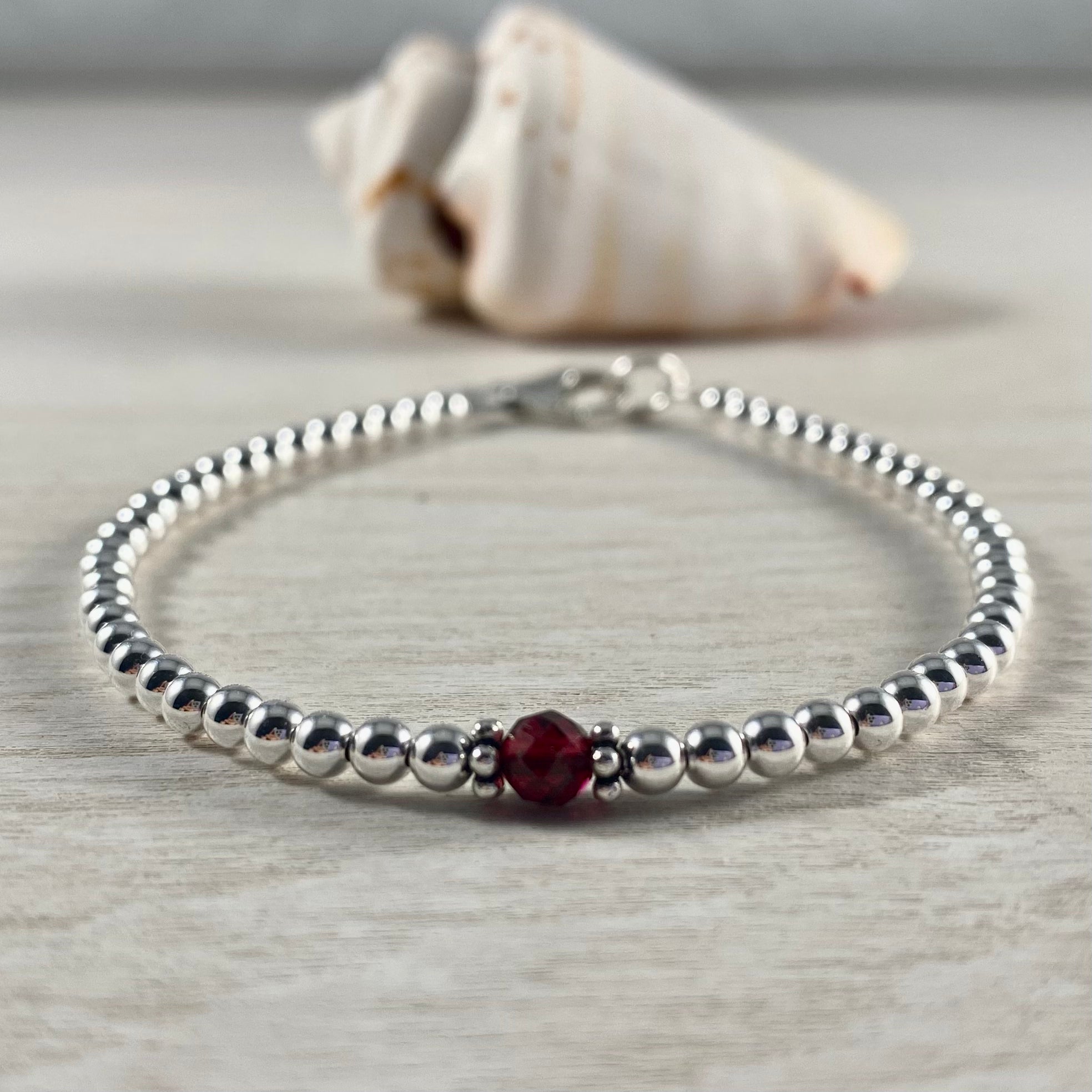 3mm Sterling Silver Shiny Balls January Garnet Bracelet Key