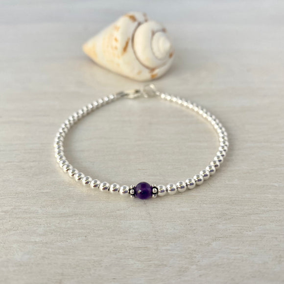 3mm Sterling Silver or 14k Gold-filled Balls & February Amethyst Stone Bracelet