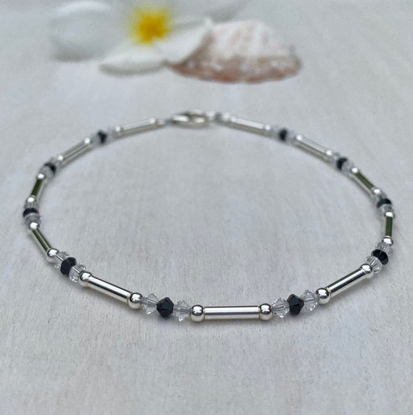 Sterling Silver Tubes With Black Clear Swarovski Crystals Anklet