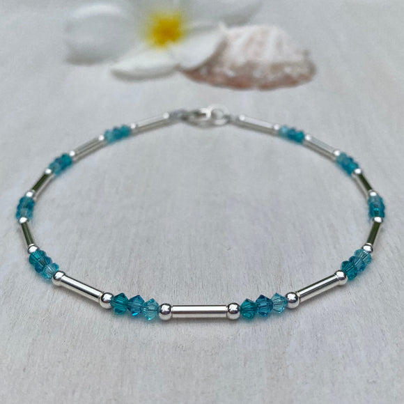 Sterling Silver Tubes With Teal Ocean Swarovski Crystals Anklet