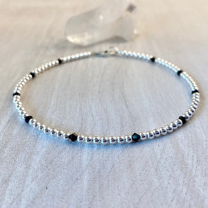 3mm Sterling Silver Balls with Jet Black Swarovski Crystals Anklet