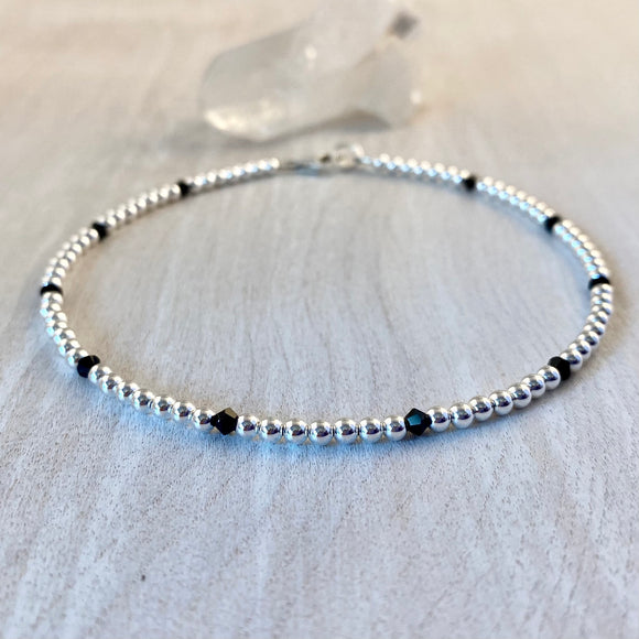 3mm Sterling Silver Balls with Jet Black Swarovski Crystals Anklet