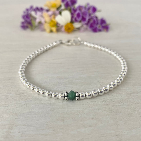 3mm Sterling Silver Shiny Balls & May Emerald Bracelet