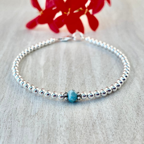 3mm Shiny Ball Sterling Silver with Genuine Larimar Stone Bracelet