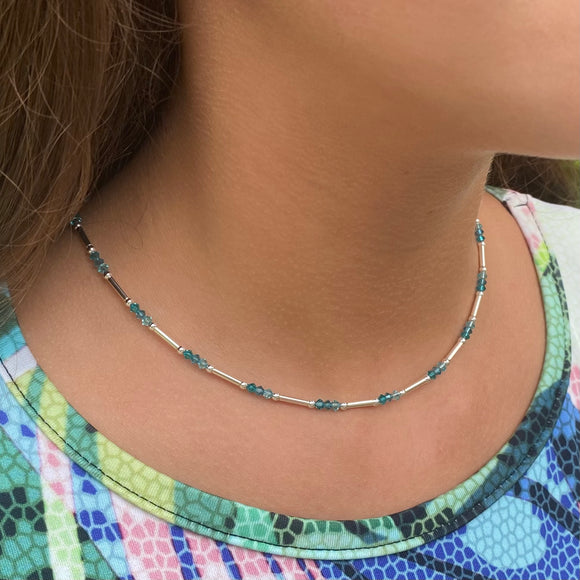 Sterling Silver Tube Necklace With Teal Ocean Swarovski Crystals