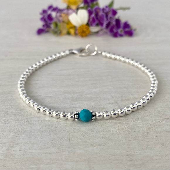 3mm Sterling Silver Shiny Balls & December Turquoise Bracelet