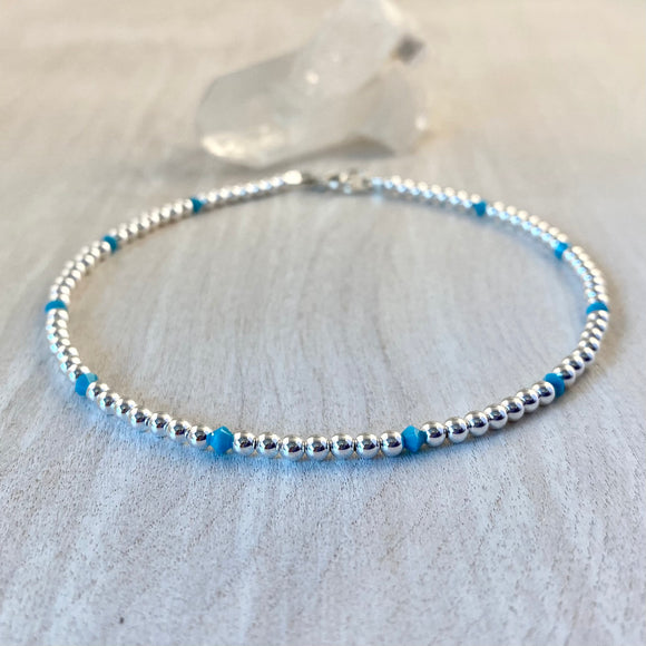 3mm Sterling Silver Balls Anklet with Turquoise Swarovski Crystals