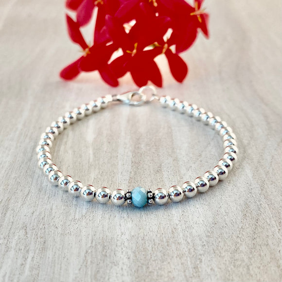 4mm Shiny Ball Sterling Silver with Genuine Larimar Stone Bracelet
